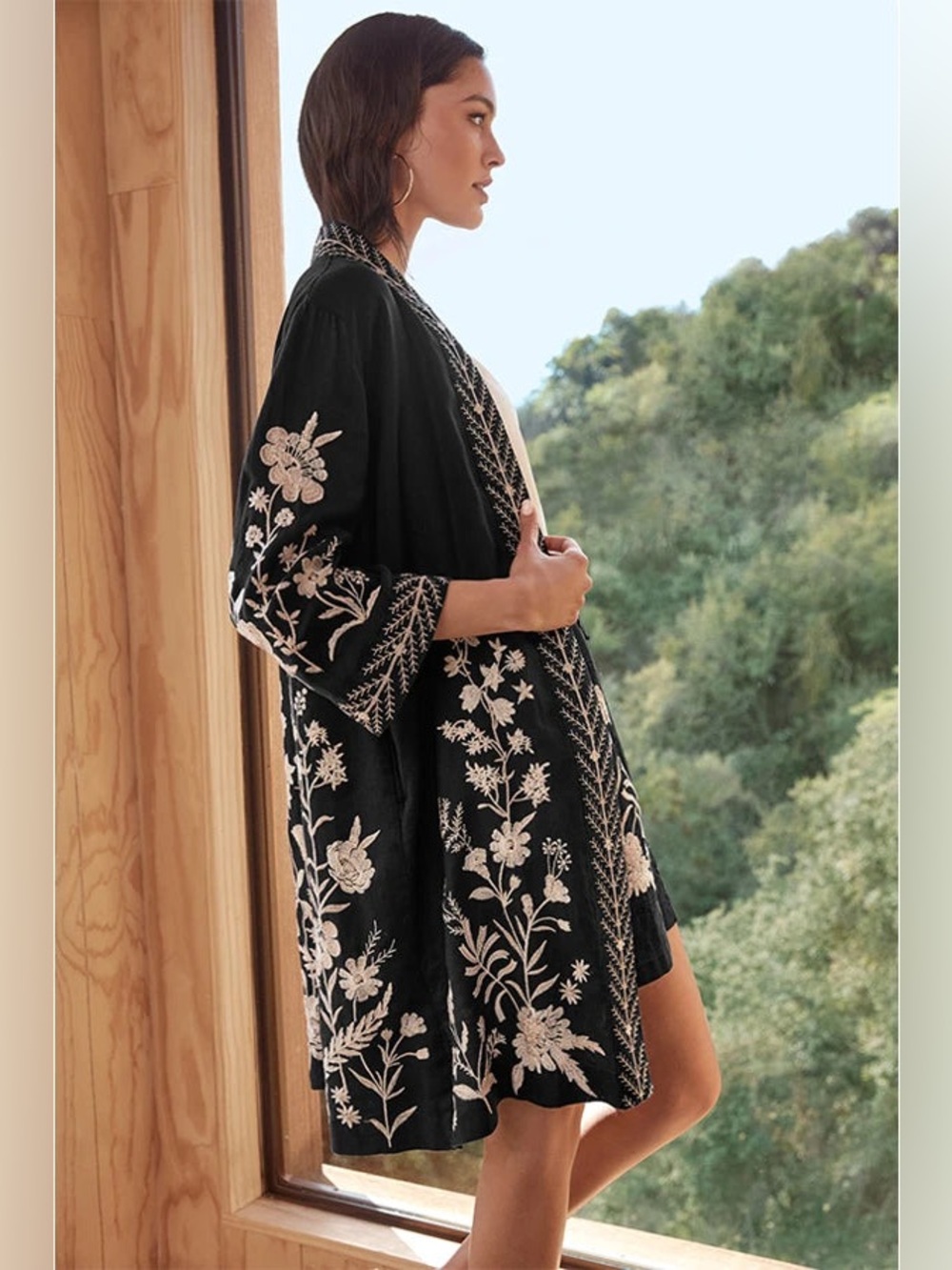 Johnny Was Black Embroidered Floral Open-Front Kimono